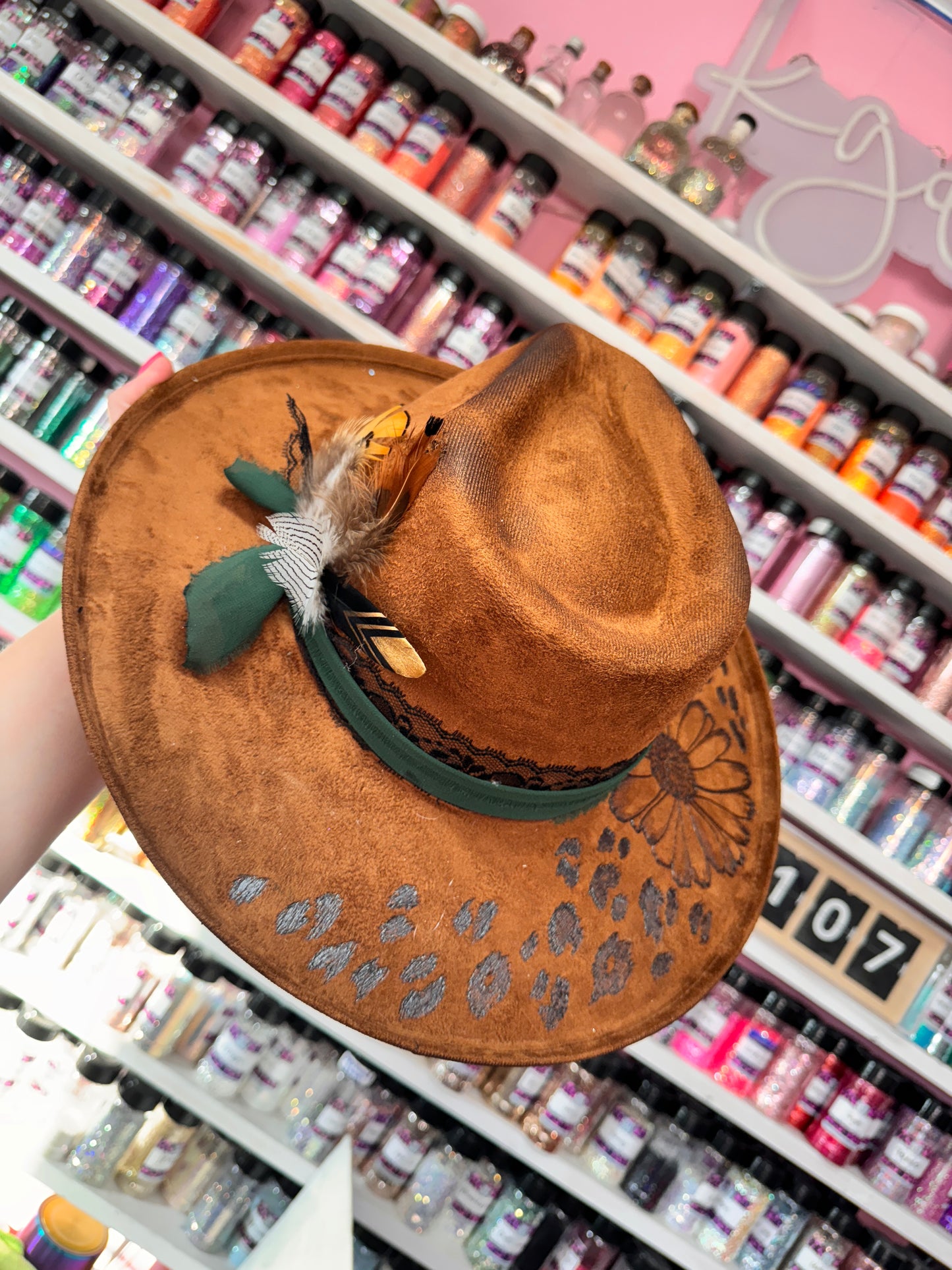 Daisy & Leopard Green and Brown Burned Hat(Stiff Brim Hat - Modern Cactus)