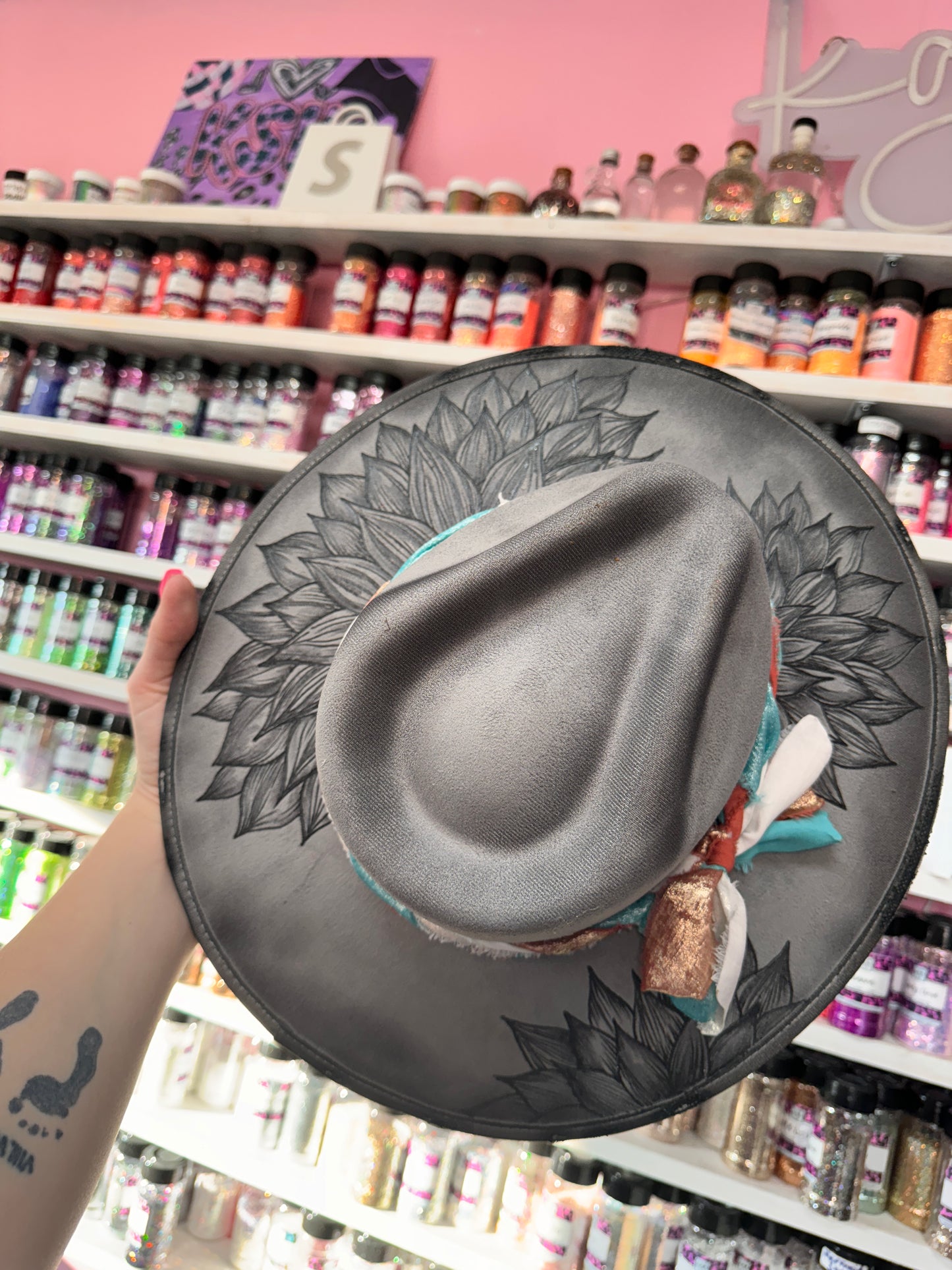 Grey floral w/teal and coral Band Burned Hat (Stiff Brim Hat - Modern Cactus)