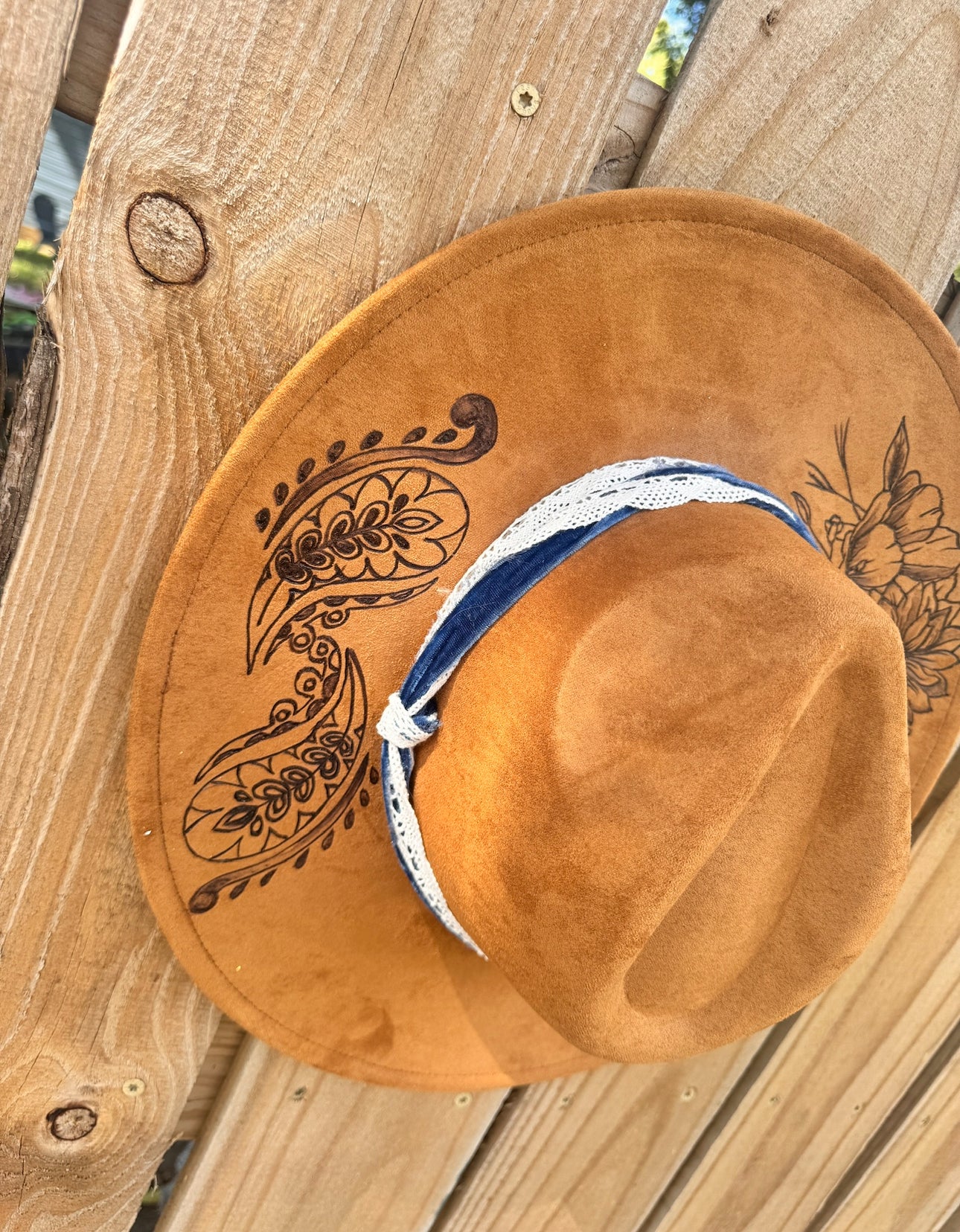 Floral & Denim Camel Colored Burned Hat