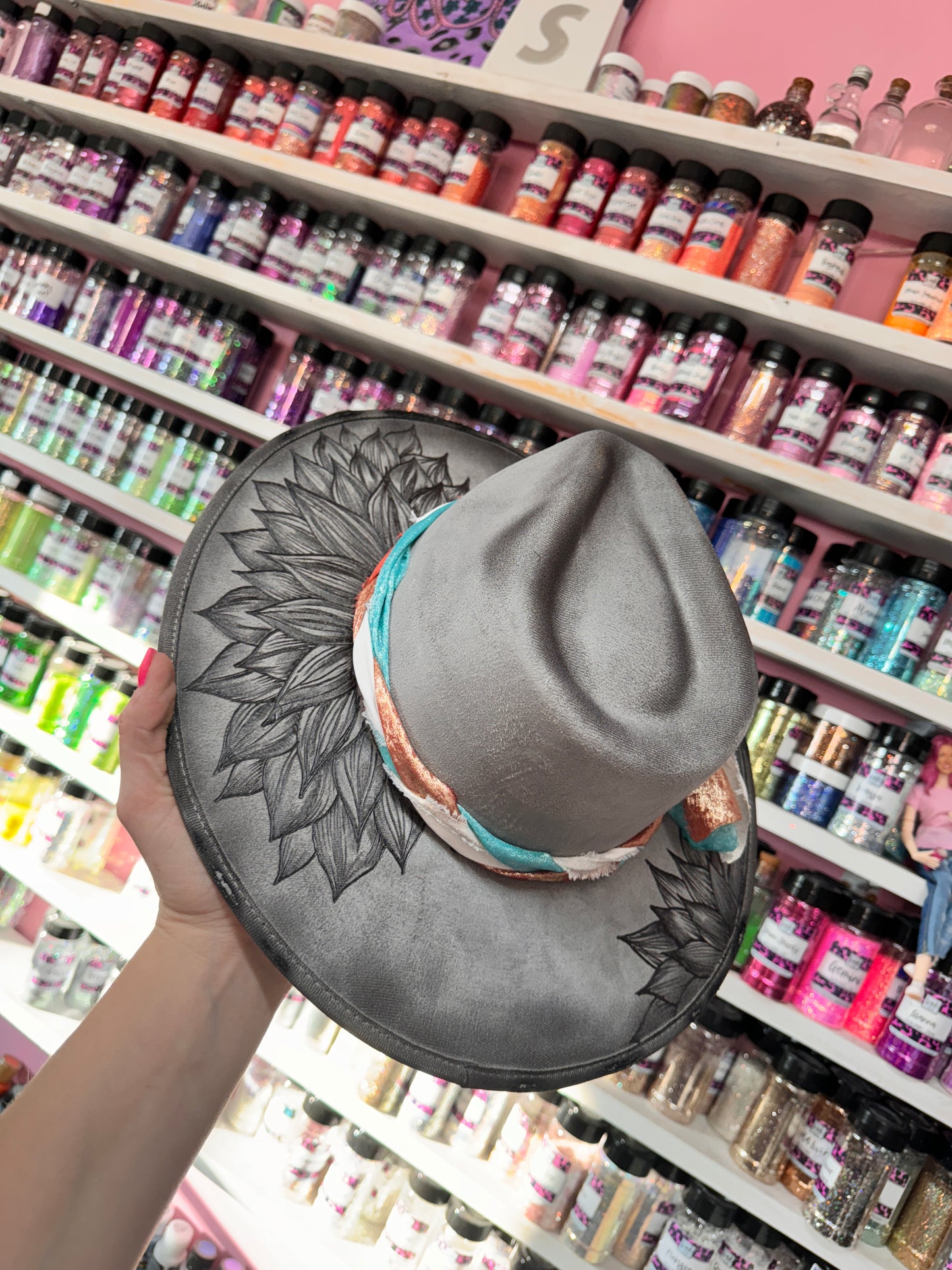 Grey floral w/teal and coral Band Burned Hat (Stiff Brim Hat - Modern Cactus)