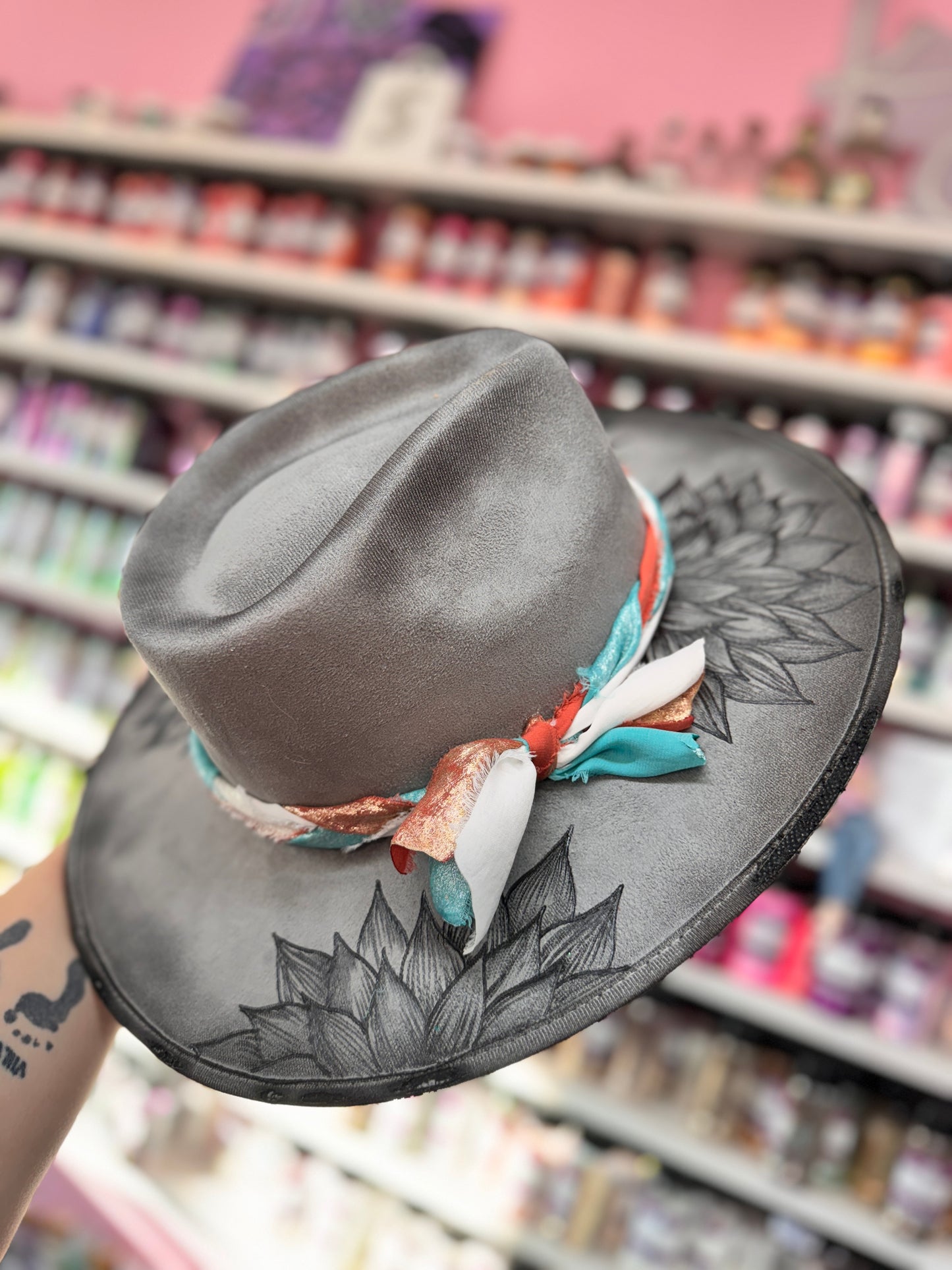 Grey floral w/teal and coral Band Burned Hat (Stiff Brim Hat - Modern Cactus)