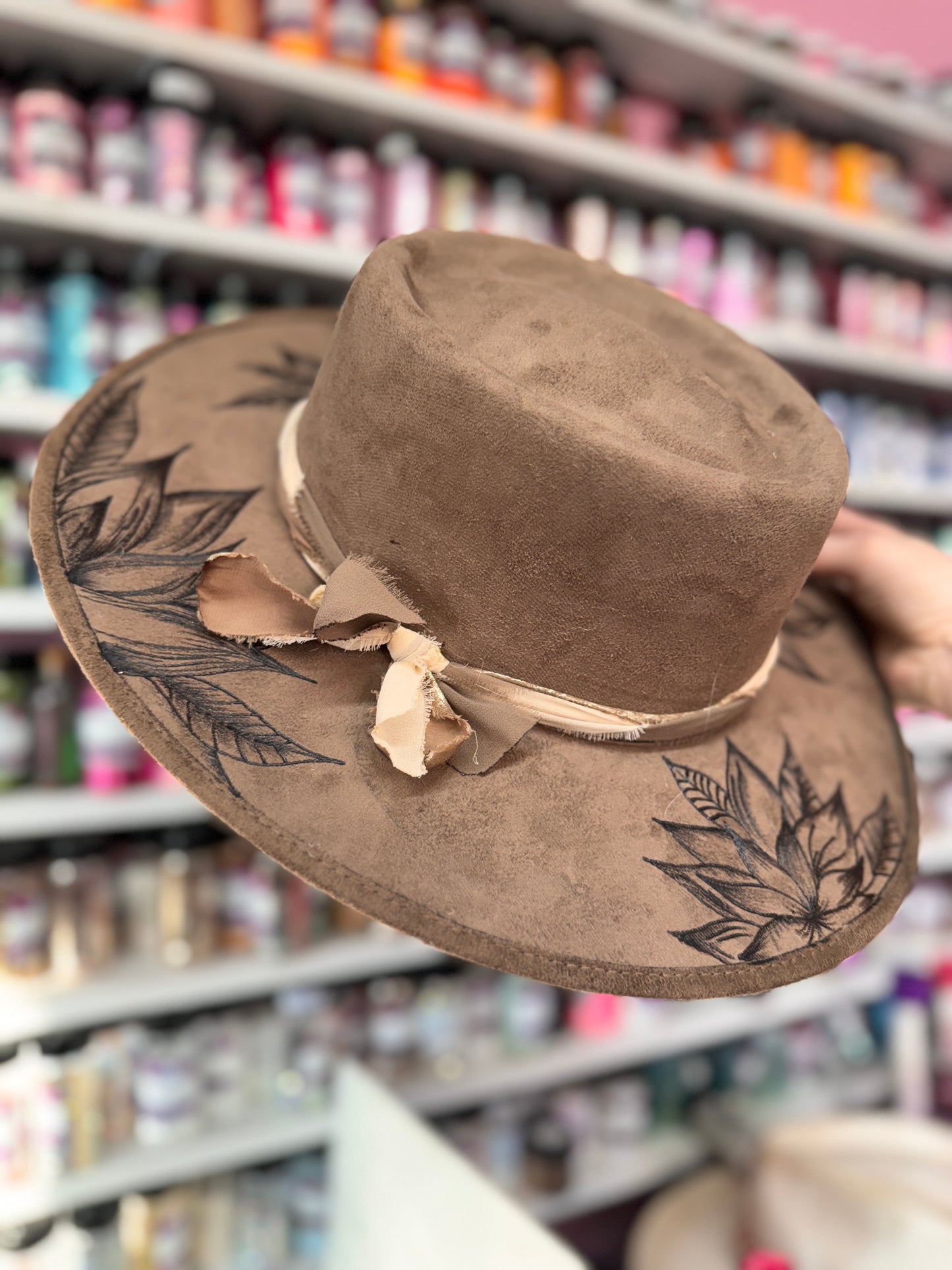 Brown & Nuetral Floral Burned Hat(Stiff Brim Hat - Modern Cactus)