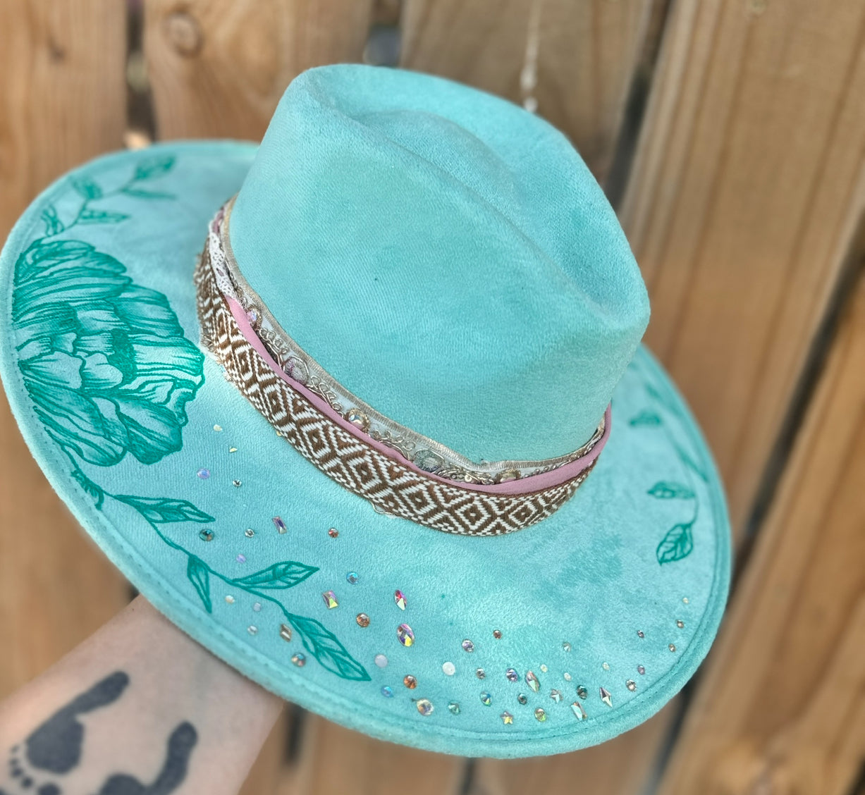 Mint Peonies & Pink w/ Glass Stones (Stiff Brim Hat - Modern Cactus) (Copy)