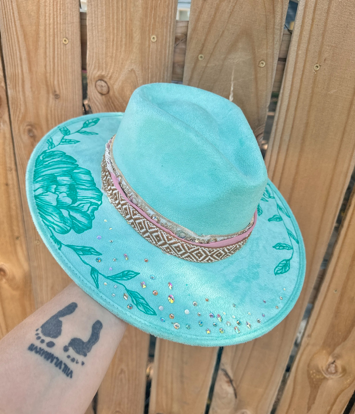 Mint Peonies & Pink w/ Glass Stones (Stiff Brim Hat - Modern Cactus) (Copy)