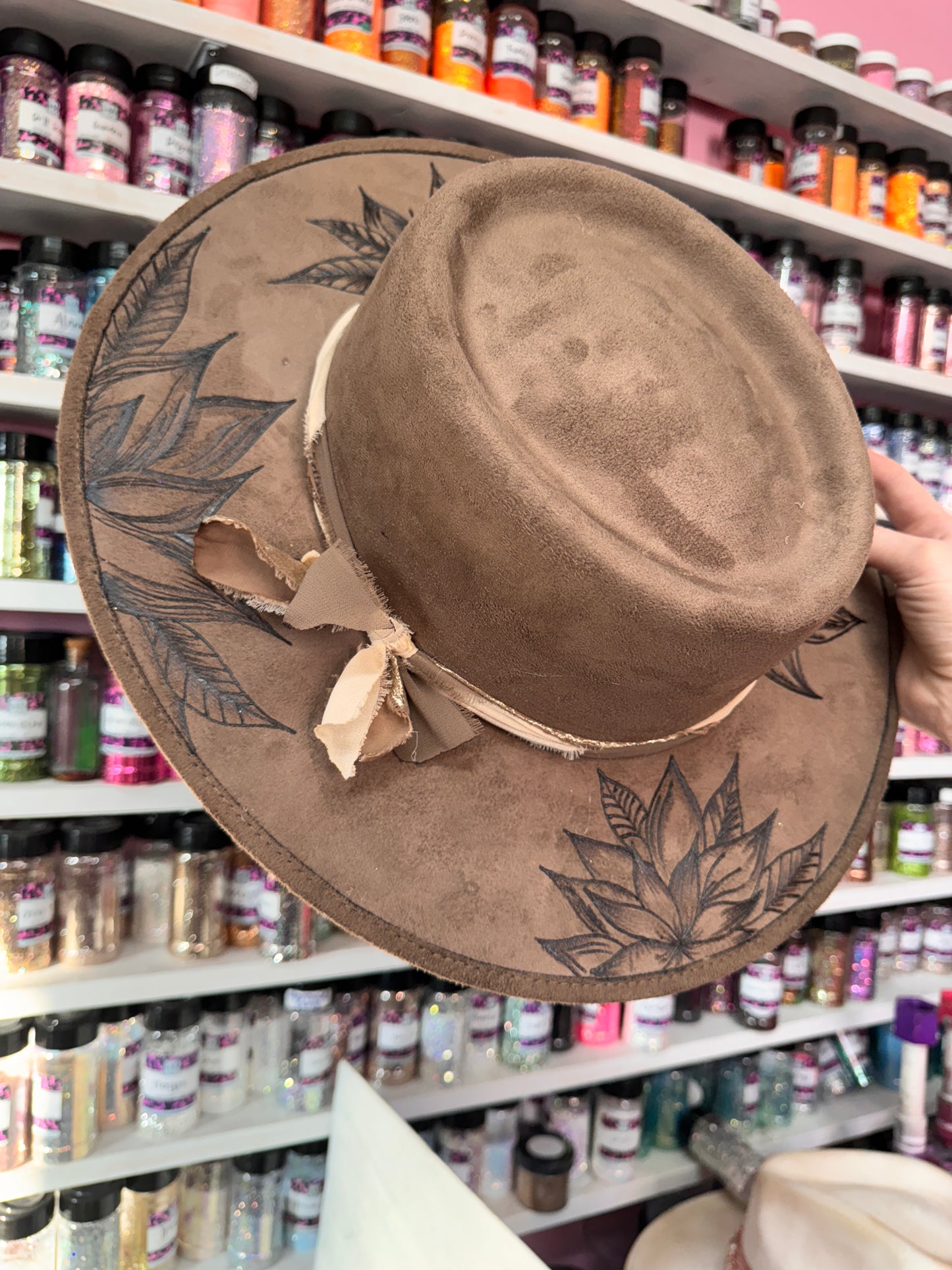 Brown & Nuetral Floral Burned Hat(Stiff Brim Hat - Modern Cactus)