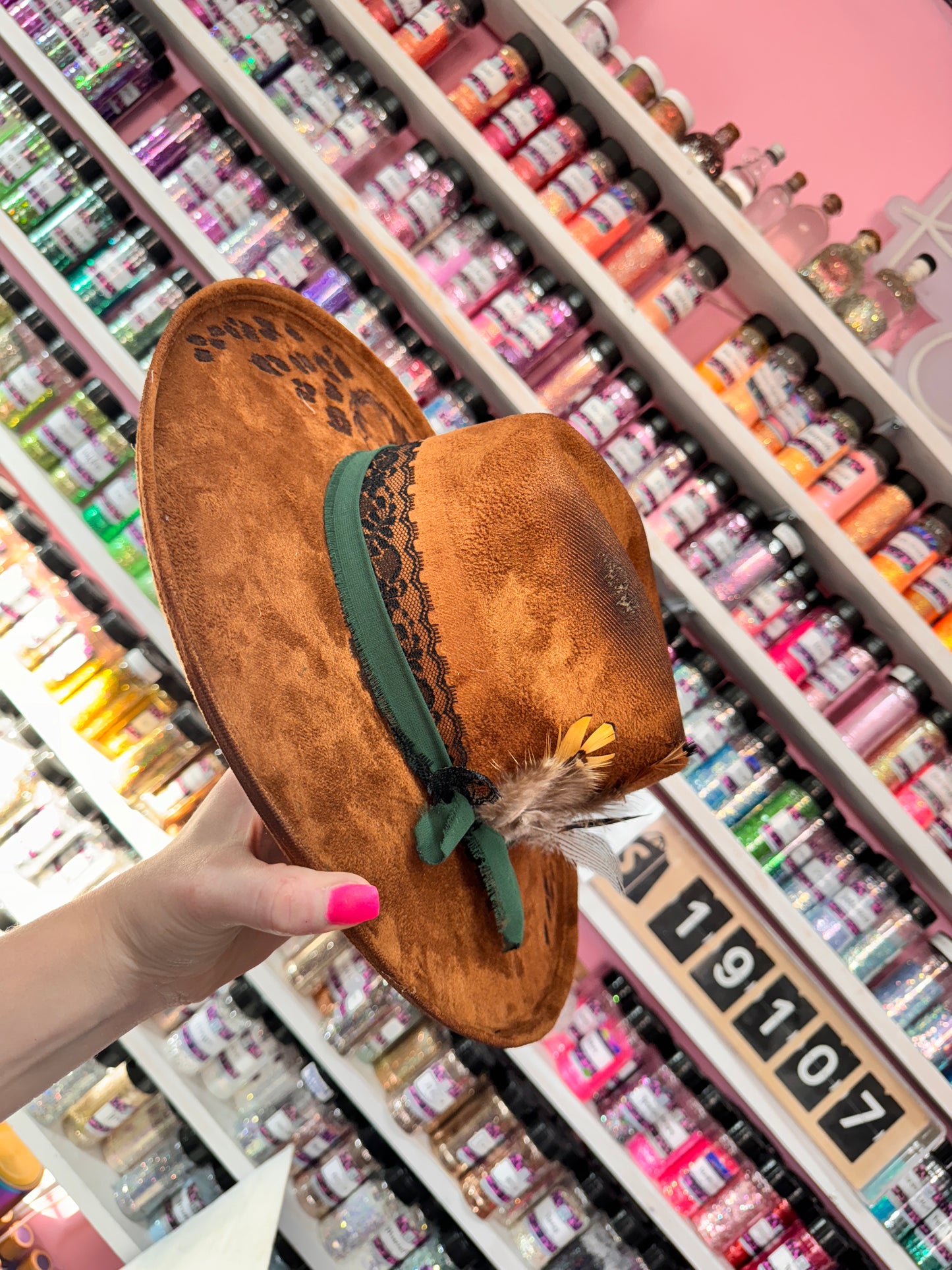 Daisy & Leopard Green and Brown Burned Hat(Stiff Brim Hat - Modern Cactus)