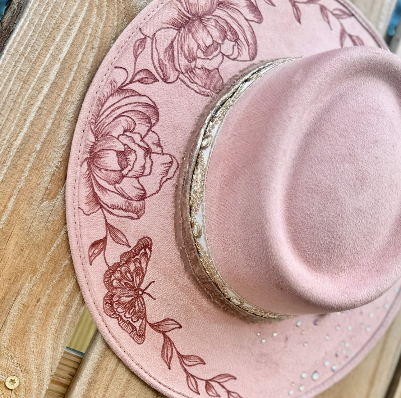 Peonies & Gold Glass Rhinetoned Blush Colored Burned Hat (Stiff Brim Hat - Modern Cactus)