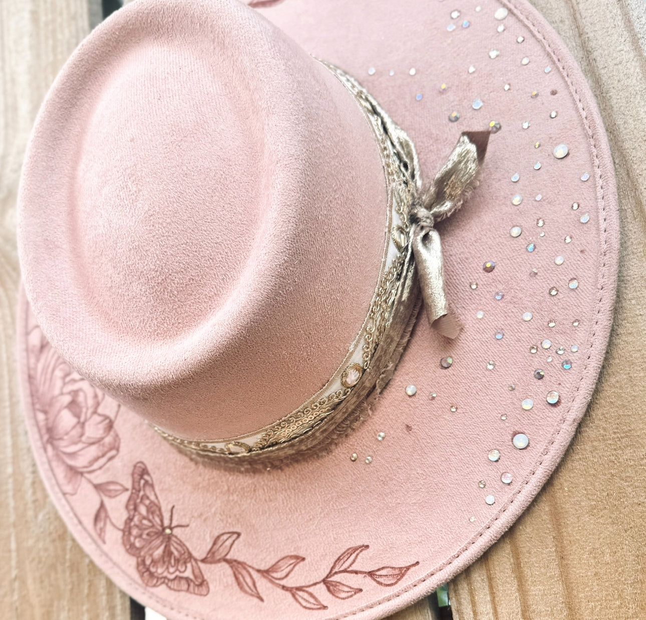 Peonies & Gold Glass Rhinetoned Blush Colored Burned Hat (Stiff Brim Hat - Modern Cactus)