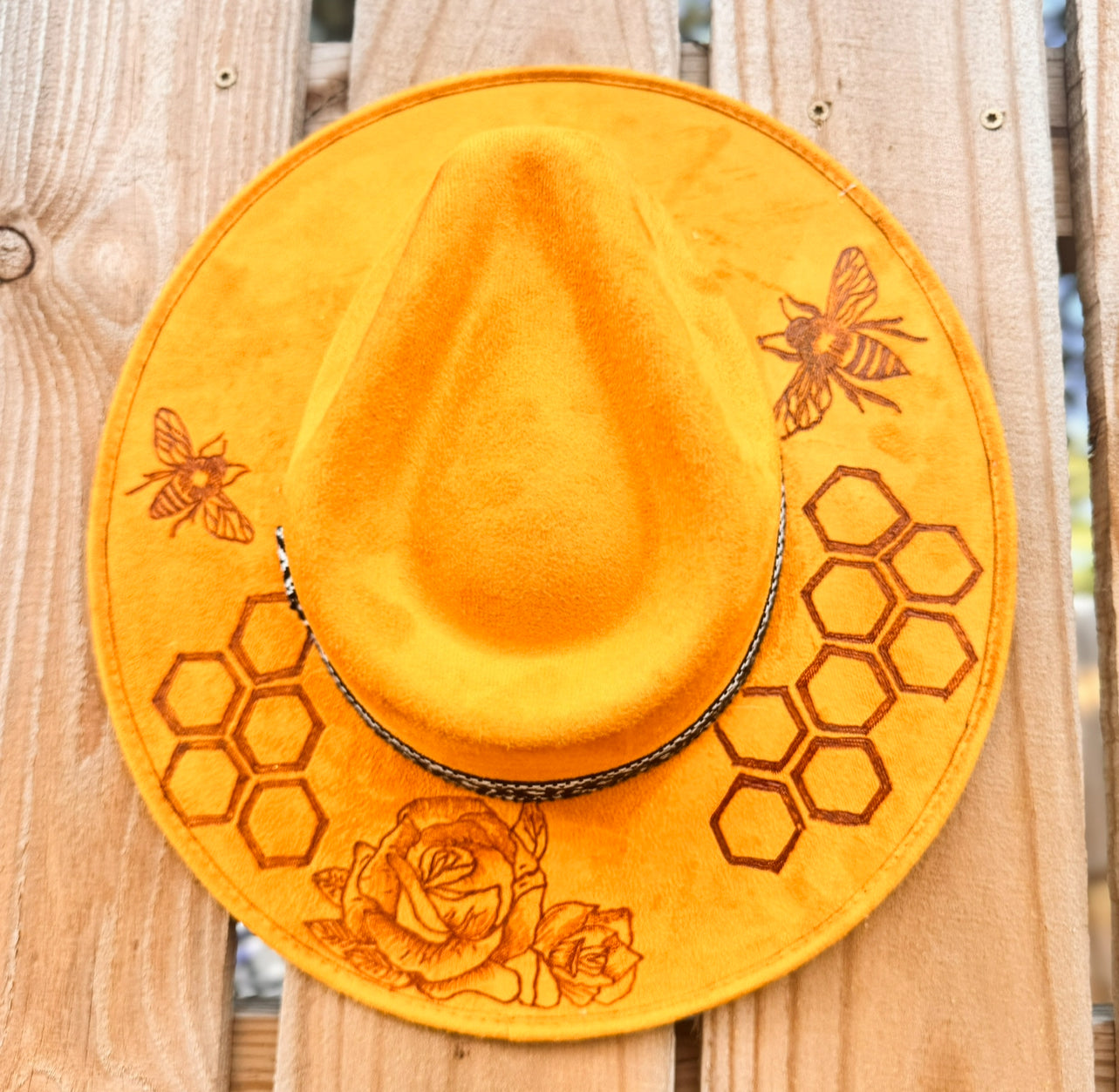 Bees Mustard Yellow Burned Hat (Stiff Brim Hat - Modern Cactus)