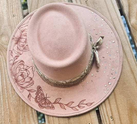 Peonies & Gold Glass Rhinetoned Blush Colored Burned Hat (Stiff Brim Hat - Modern Cactus)