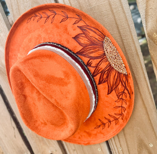 Orange Sunflower & Gold glass Rhinestones (Stiff Brim Hat - Modern Cactus)