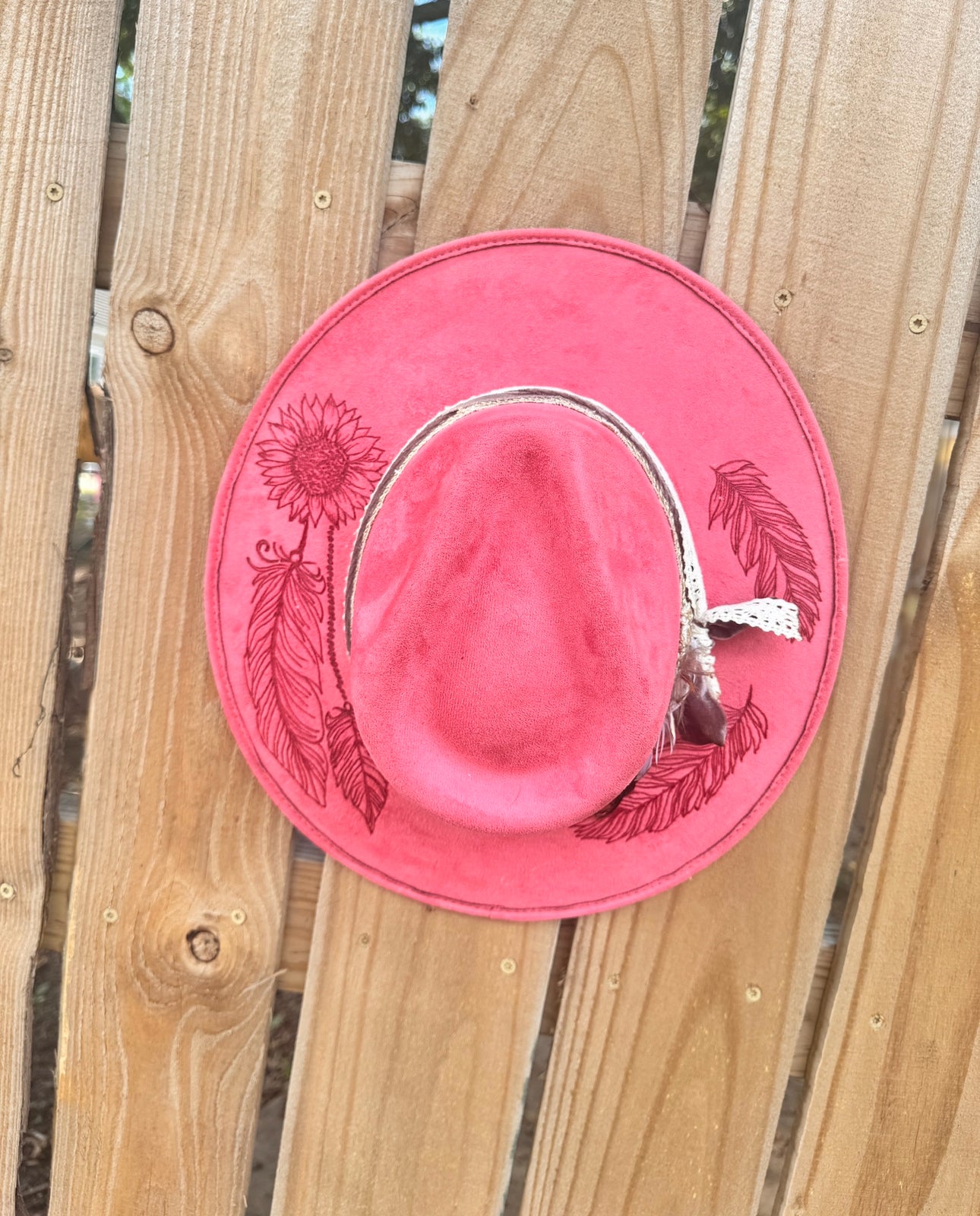 Sunflowers & Feather Coral/Red Burned Hat (Stiff Brim Hat - Modern Cactus)