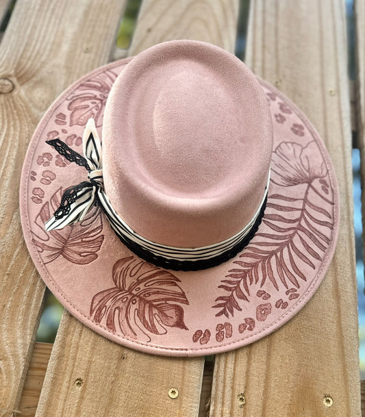 Monsteras & Leopard Blush Colored Burned Hat (Stiff Brim Hat - Modern Cactus)