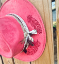 Sunflowers & Feather Coral/Red Burned Hat (Stiff Brim Hat - Modern Cactus)