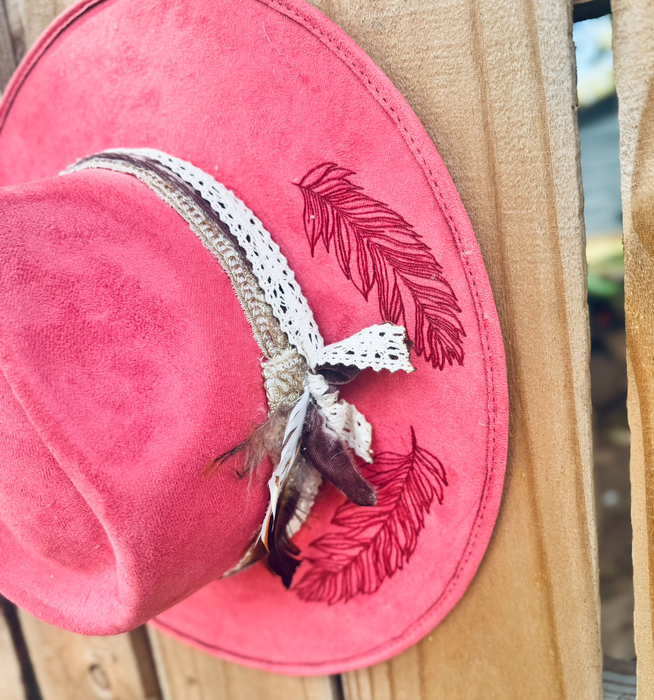 Sunflowers & Feather Coral/Red Burned Hat (Stiff Brim Hat - Modern Cactus)