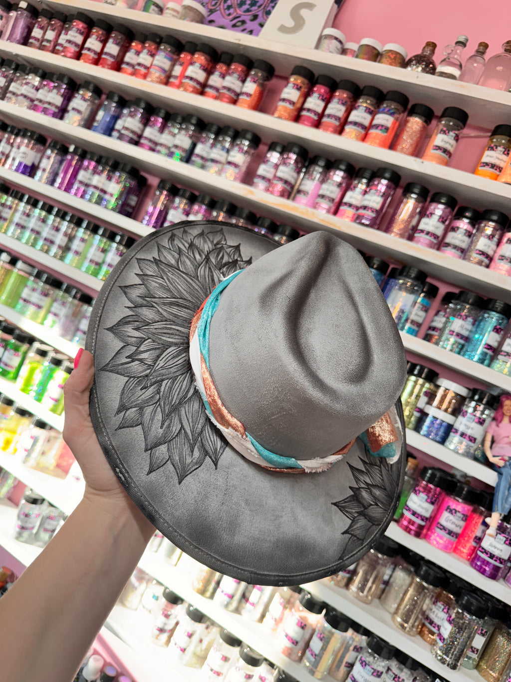 Grey floral w/teal and coral Band Burned Hat (Stiff Brim Hat - Modern Cactus)