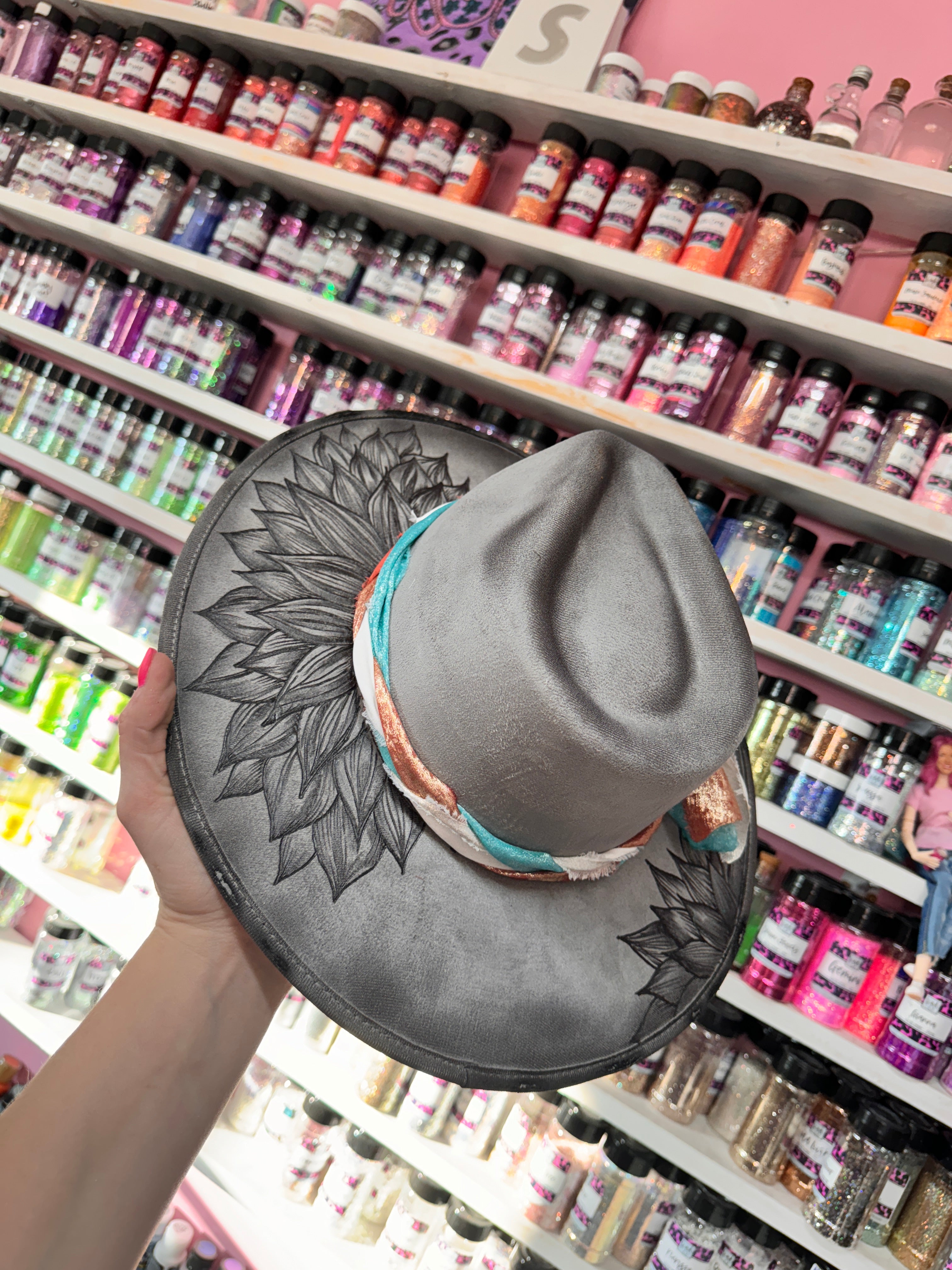 Grey floral w/teal and coral Band Burned Hat (Stiff Brim Hat - Modern Cactus)