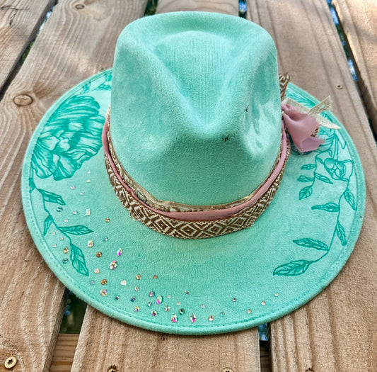 Mint Peonies & Pink w/ Glass Stones (Stiff Brim Hat - Modern Cactus) (Copy)