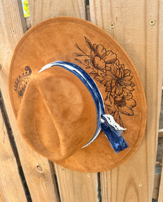 Floral & Denim Camel Colored Burned Hat