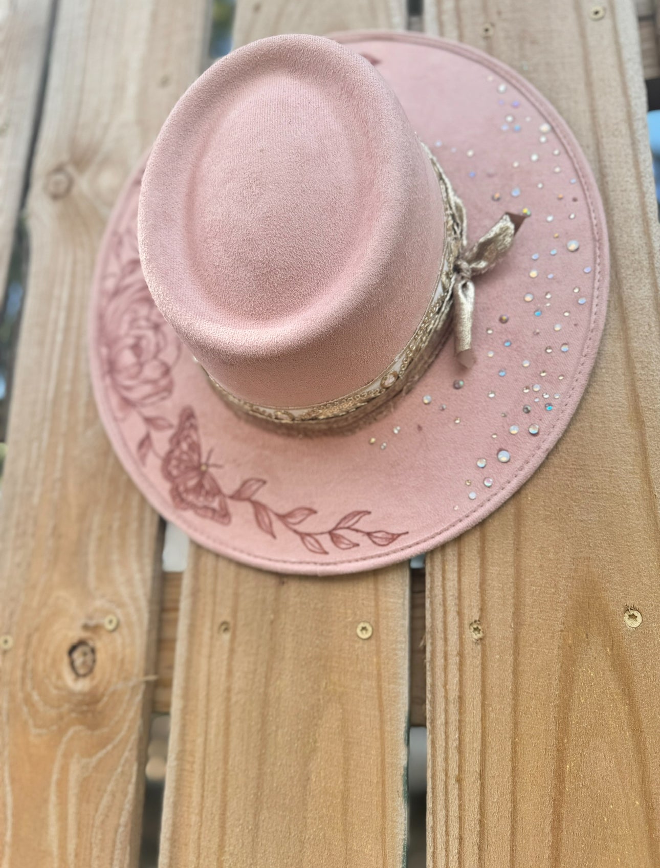 Peonies & Gold Glass Rhinetoned Blush Colored Burned Hat (Stiff Brim Hat - Modern Cactus)