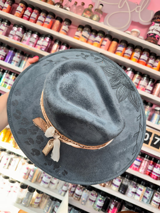 Denim blue & Sunflowers Burned Hat(Stiff Brim Hat - Modern Cactus)