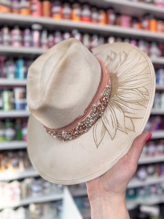 Sunflower Rose Gold Ivory Burned Hat (Stiff Brim Hat - Modern Cactus)