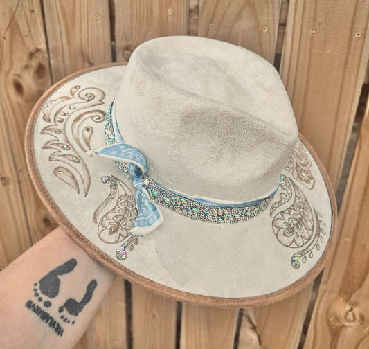 Paisley & Rhinestone Two Toned Burned Hat (Stiff Brim Hat - Modern Cactus)