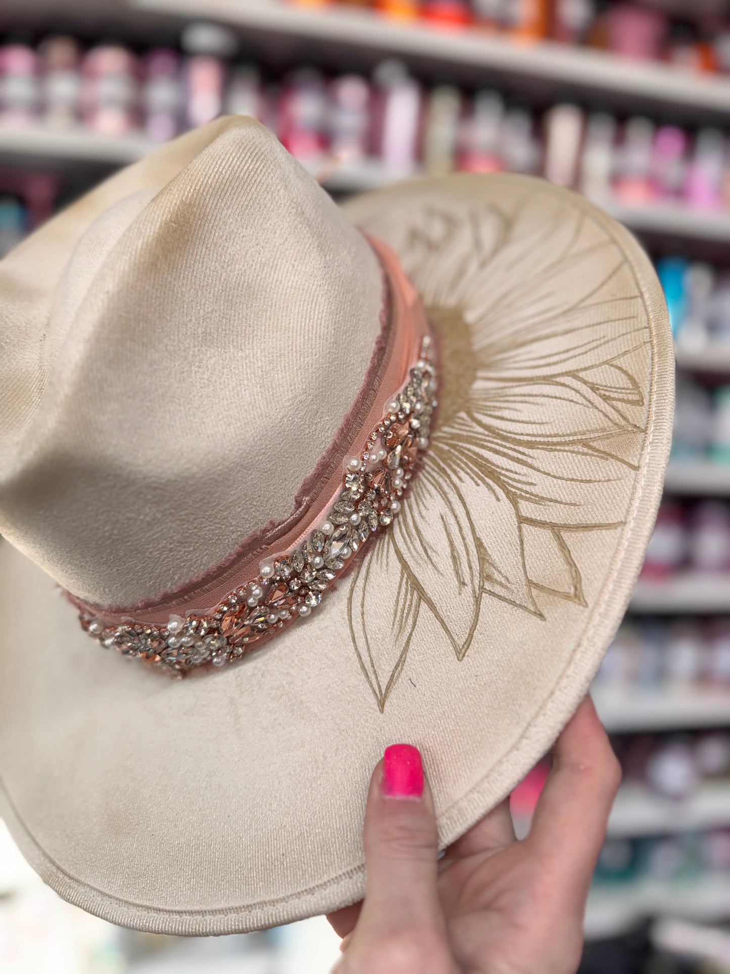 Sunflower Rose Gold Ivory Burned Hat (Stiff Brim Hat - Modern Cactus)