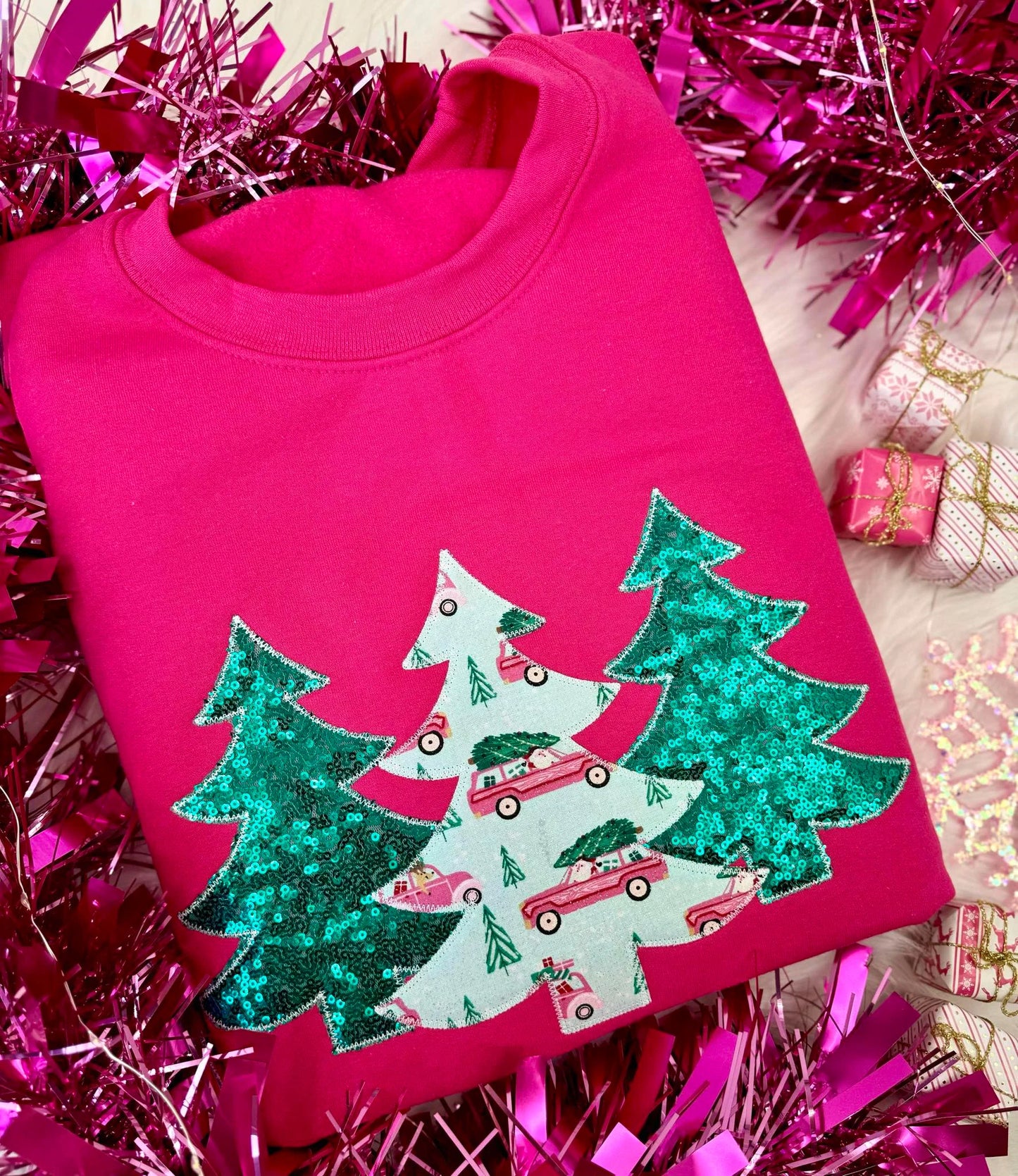 Sequin  Christmas Trees Appliqué Crew Neck Sweatshirt