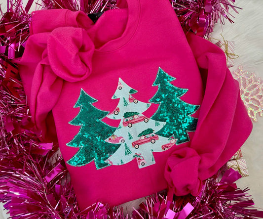 Sequin  Christmas Trees Appliqué Crew Neck Sweatshirt