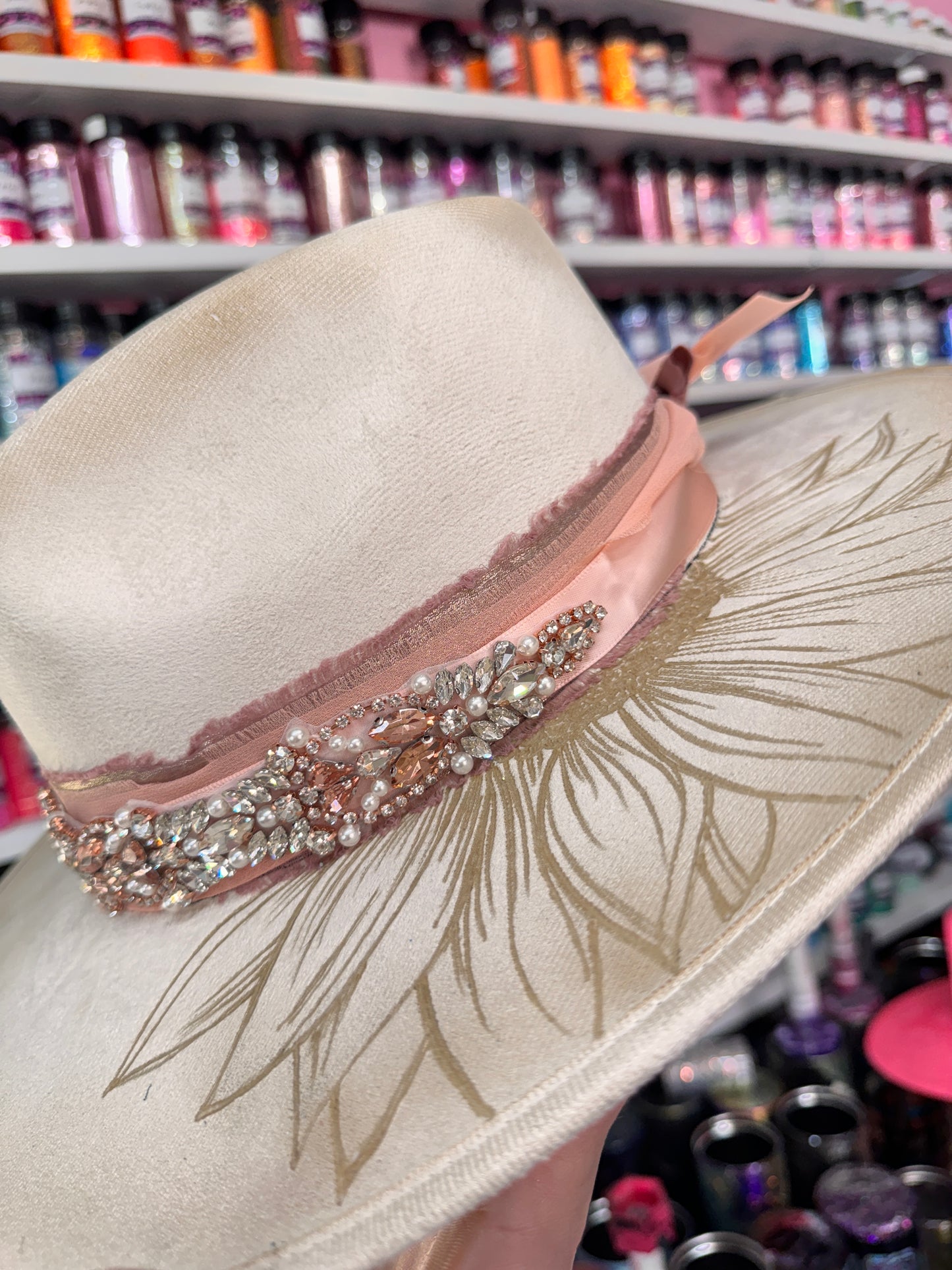 Sunflower Rose Gold Ivory Burned Hat (Stiff Brim Hat - Modern Cactus)