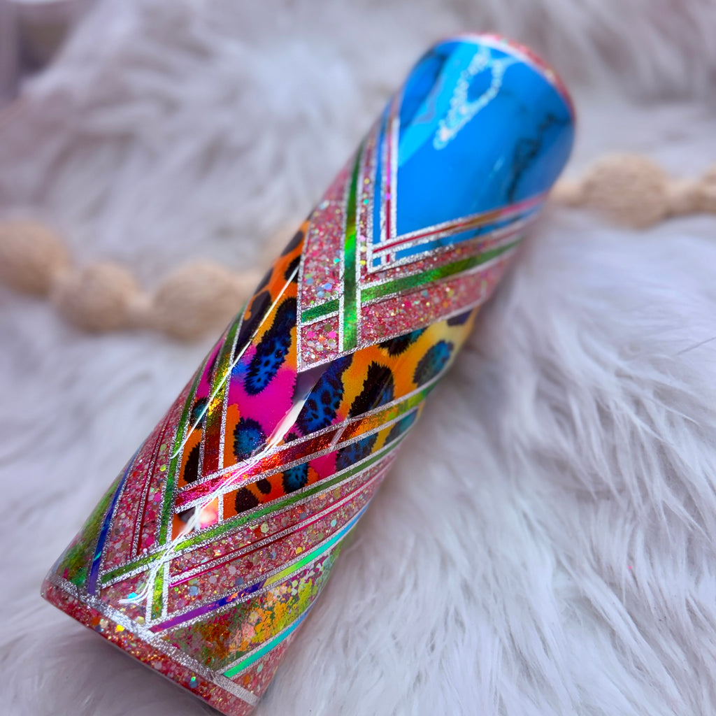 #29 Full V-Split Turquoise & Colorful Leopard Tumbler {32oz Plump RTS Tumbler}